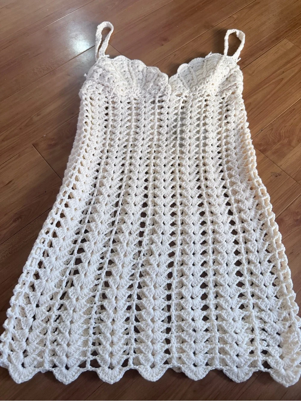 Hand-Crocheted Cream Slip Coverup with Scallop Detail